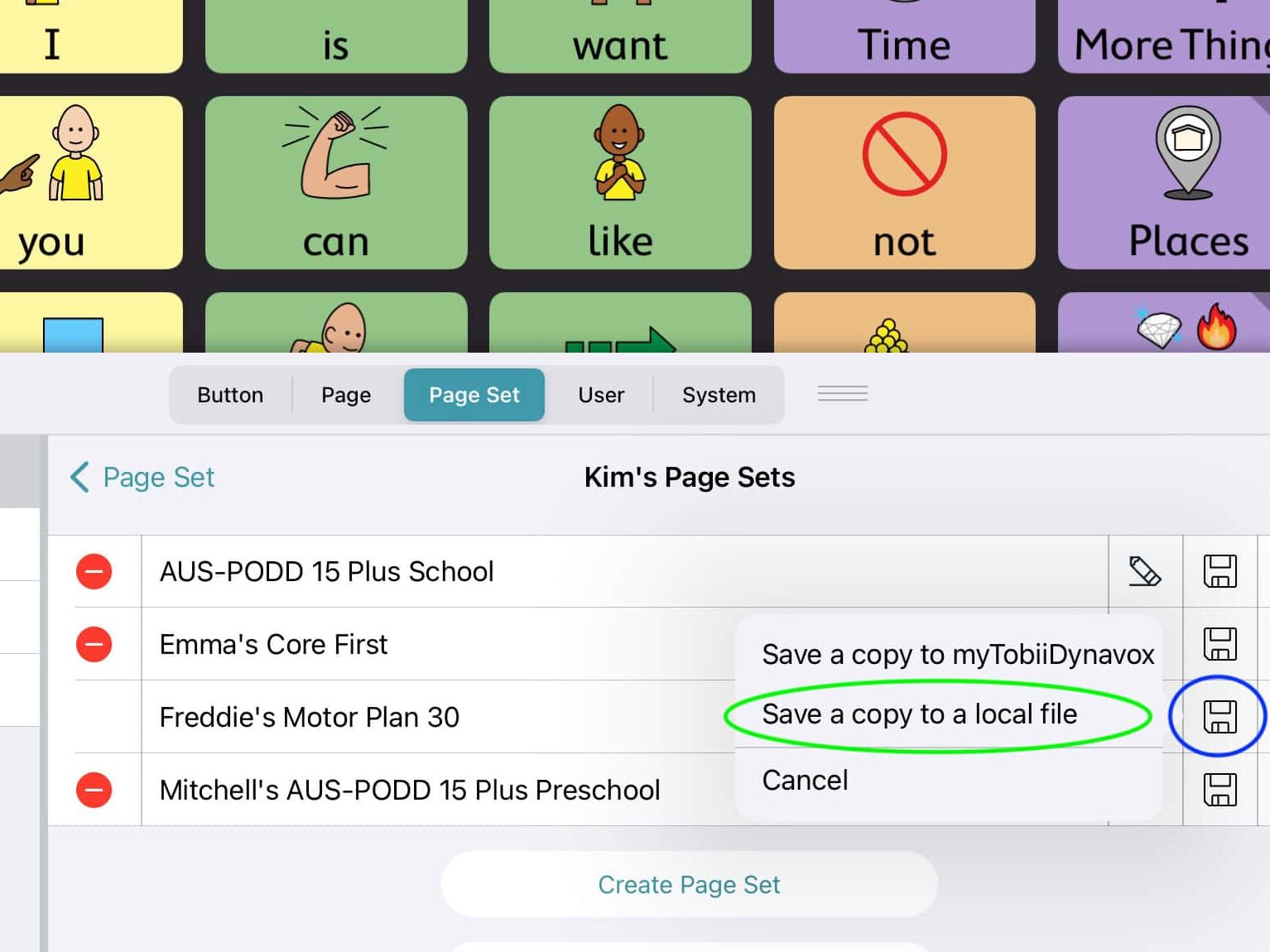 A screen shot of the Motor Plan 30 page set in the TD Snap app displayed on an iPad. The settings menu pop up is displayed showing the different page sets.